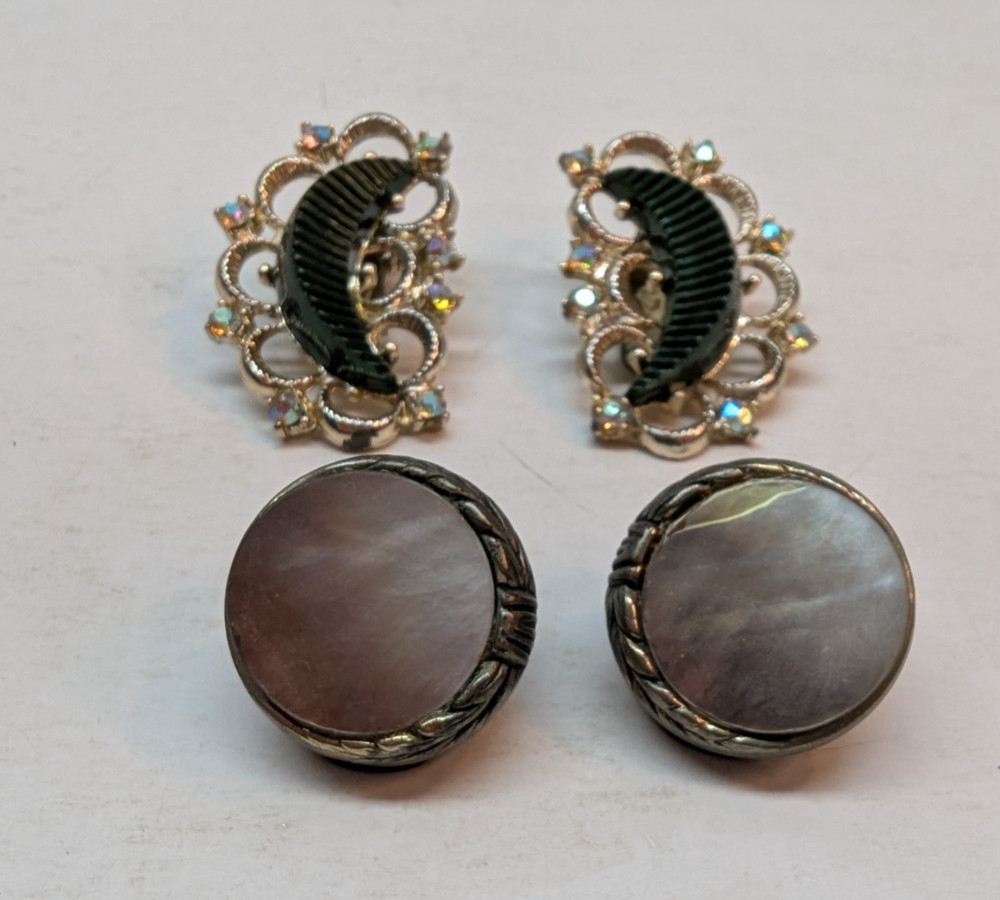 SET OF 2 Vintage Earrings Crescent Moons Aurora Borealis Glass Stone Gold Tone