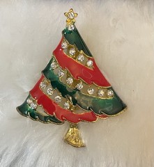 Christmas Trees Brooch Pin Red Green and Gold with Rhinestones