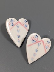 Vintage Artisan White Pink Blue Ceramic Heart Pierced Earrings Boho