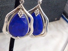 VINTAGE STERLING SILVER DROP DANGLE FACETED LAPIS LAZULI EARRINGS 2″