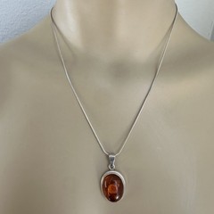 VTG Pendant Necklace 18 Inch Amber Reversed Carved Rose Italy 925 Sterling 9.3g