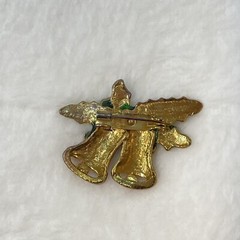Vintage Christmas Pin Brooch Gold Tone Green Red Enamel Holly Bells Bow