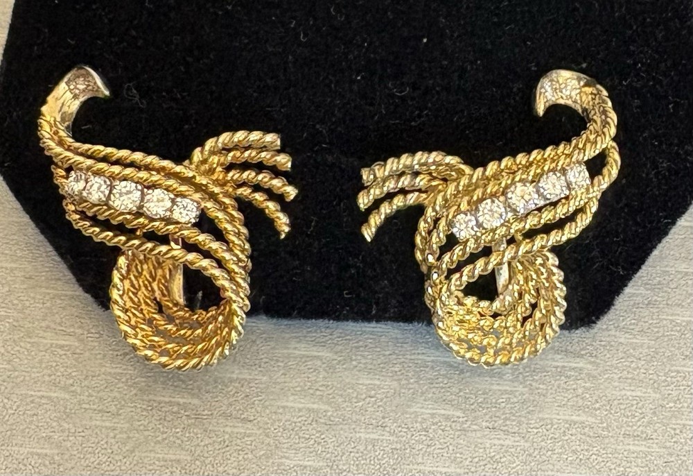 Natural Diamond Earrings Estate Vintage Rope Swirl Omega Clip 14K Gold 10.8g