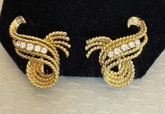 Natural Diamond Earrings Estate Vintage Rope Swirl Omega Clip 14K Gold 10.8g