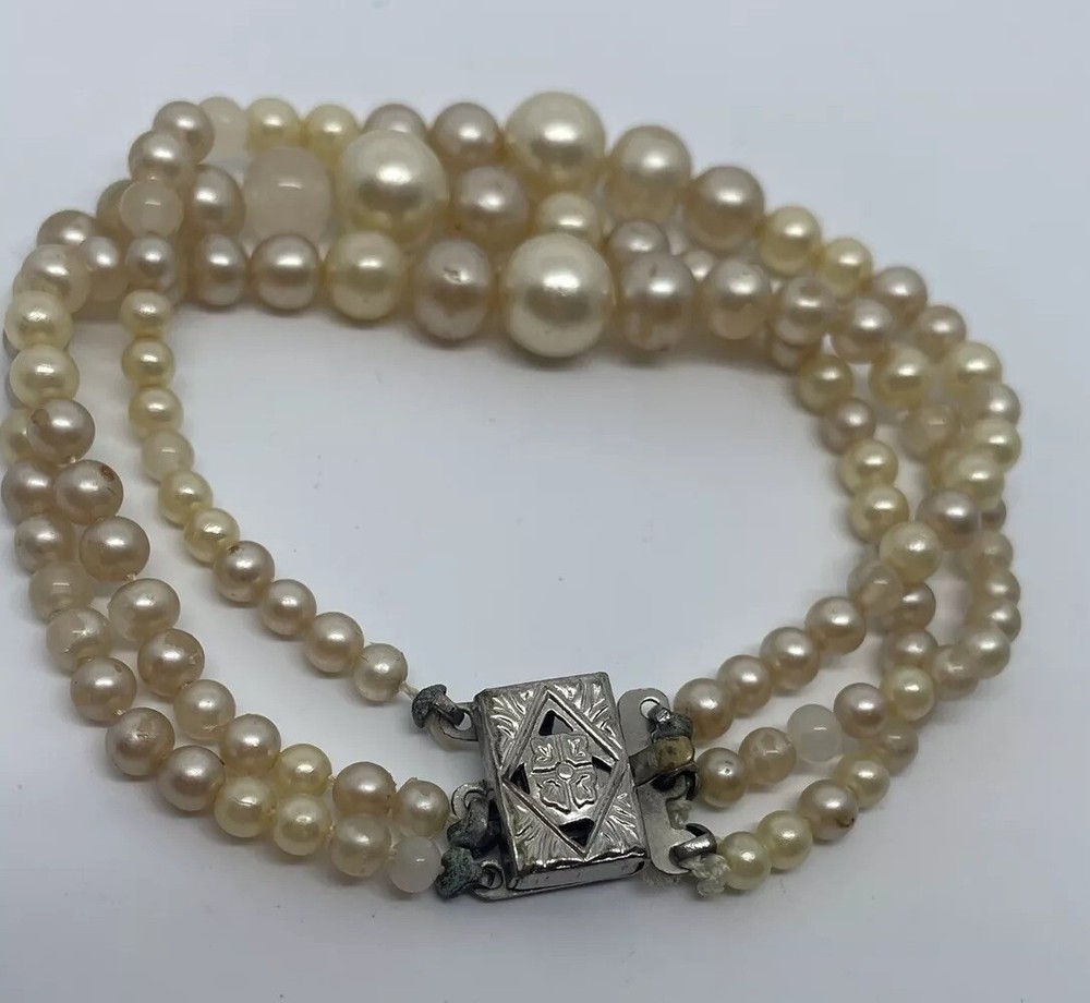 Vintage Triple Strand Faux Pearl Bracelet 6.5” Jewelry Silver Clasp Latch Japan