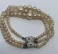 Vintage Triple Strand Faux Pearl Bracelet 6.5” Jewelry Silver Clasp Latch Japan