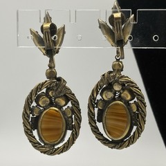 W Germany Brown Porphyry Slag Art Glass And Rhinestone Necklace & Earrings Set