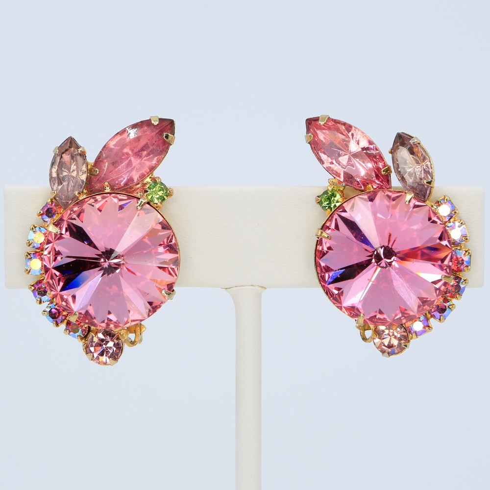 Vintage Verified D&E Juliana Pink Rivoli Clip-on Earrings Book Piece 1960s