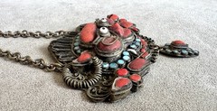 Vtg Tibetan Nepali HUGE 4″ WRATHFUL DEITY PENDANT Coral Turquoise Brass NECKLACE
