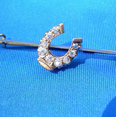 Original EARTH MINED DIAMOND Deco Horseshoe Brooch Equestrian PIN SOLID 14K GOLD