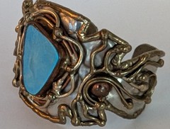 Brutalist MCM Bracelet Mixed Metals Blue Stone Large 8″ Diameter 2″ Tall