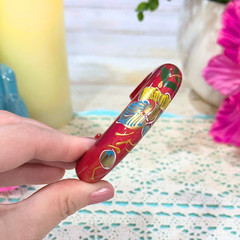 Vintage Hand Painted Wood Floral Cuff Bracelet Burgundy Red Folk Art