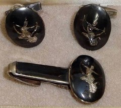 Vintage SIAM STERLING Silver Niello Cufflinks & Tie Clasp In Original Box Sgd BB