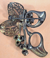 Art Deco Revival Brass Filigree Pin Open back Green Rhinestones Czech style
