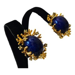 Vintage Panetta Brutalist Lapis Cabochon Crystal Textured Goldtone Clip Earrings