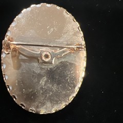 Vintage Oval Resin Brooch w/Floral Design Scalloped Gold Tone Frame