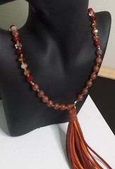 Vintage Boho Suede Leather Stone Aurora Borealis AB Crystal Tassel Lariat Neckla