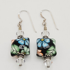 Polymer Clay Puffed Pillow Mold Colorful Floral 925 Silver Hook Pierced Earrings