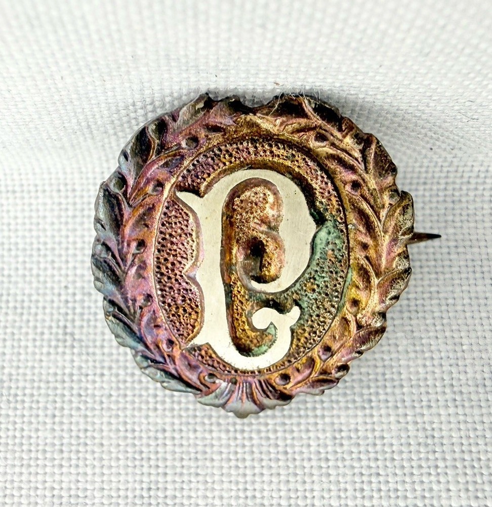 Antique Victorian Edwardian Brooch Pin C-Clasp Gold Tone Monogram L or P Tiny