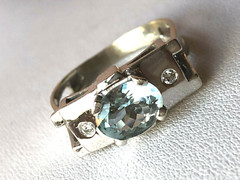 VINTAGE 14K WHITE GOLD AQUAMARINE DIAMOND RING MODERNIST DESIGNER SETTING ITALY