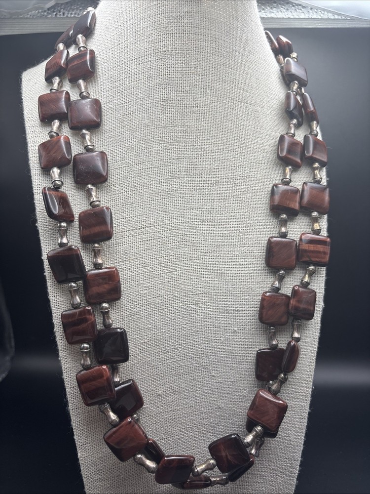 Vintage Red Tiger Eye Natural Stone Sterling Silver Chunky Long Necklace 148 Gr
