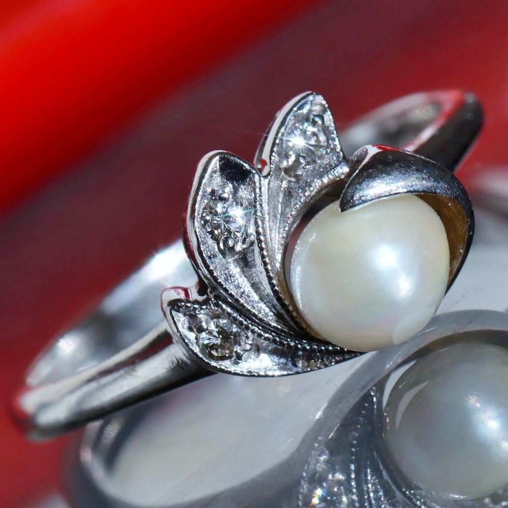 10k white gold size 6.75 ring 5.3mm cultured pearl natural diamond antique 2.28g