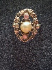 Western Germany pearl & pink rhinestone silver-toned floral ring. SZ 5.75