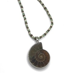 Vintage Ammonite Shell Fossil Pendant Necklace Spiral Bezel Cord Beach Cruise