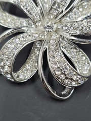 Vintage Monet Silverton Rhinestone Flower Bow Ribbon Brooch, 2.25″ Diameter