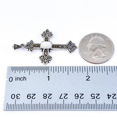 AS IS Vintage Sterling Silver 925 4.5cm Marcasite Mother of Pearl Cross Pendant
