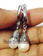 NEW ARTDECO VINTAGE 0.68ct ANTIQUE ROSE CUT DIAMOND SILVER PEARL DANGLE EARRINGS