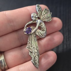 Vintage Sterling Silver 925 Fairy Or Angel with Amethyst Pin brooch