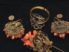 Dainty Coral Colored Pin, Clip Earrings And Ring