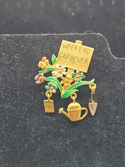 Tona Weekend Gardener Brooch Gold Tone W/Flowers & 3 Charms 2.5 Inches X 2 Inch
