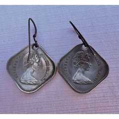 Bahamas Coin Earrings HRM Elizabeth 2nd Pierced 1969 Dangle 15 Cents VTG Gift