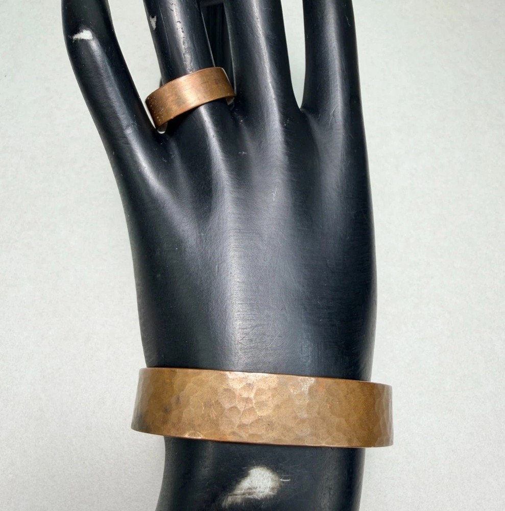 Vintage Hammered Copper Cuff Bracelet Minimalist Set Cuff And Ring Sz 7