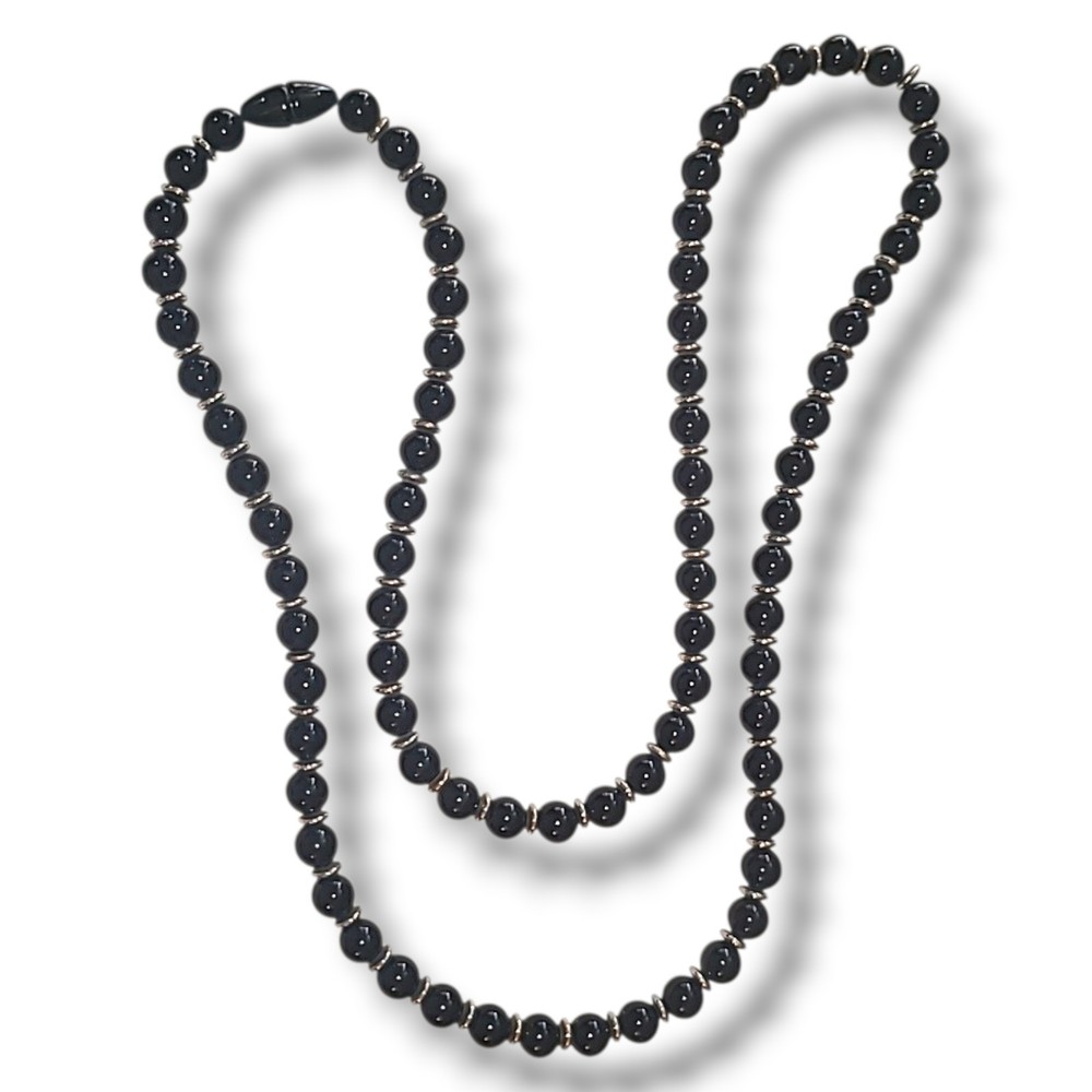 Vintage Black Bead Necklace Gold Spacers Long 28in Plastic Screw Clasp