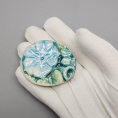 Vtg Morning Glory Brooch Blue Flower Glazed Ceramic Oval Floral Handpainted Pin