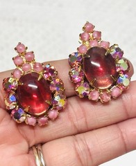 Vtg JULIANA Pink Cabochon Glass Rhinestones Earrings Flower Brooch Pin Set As Is