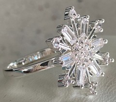 Snowflake Cluster Ring Clear Baguette & Round Cut Silver Tone Cocktail Size 7