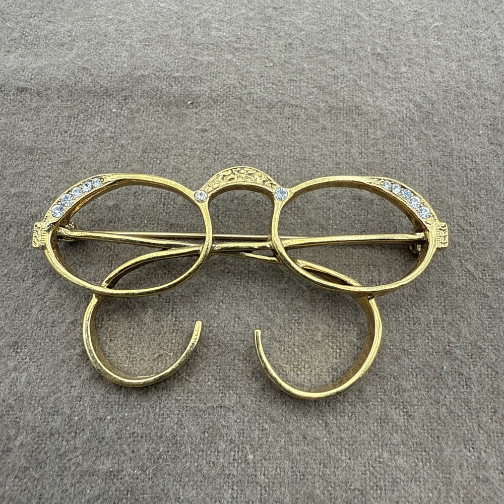 Vintage Gold tone Spectacle Eyeglasses with Rhinestones Pin Brooch