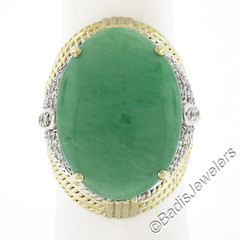 Two Tone Gold Oval Cabochon Jade w/ 0.60ctw Diamond Twisted Wire Cocktail Ring