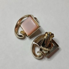 CHAREL Earrings Art Deco Clip Ons Mid Century Pink Moonglow Gold Tone Signed