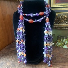 Vintage Wrap Lariat Tassel Necklace Amethyst Carnelian Rose Quartz 52″ Estate