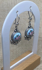 Vintage Earrings Rostov Finift Russian Enamel Painted Floral Dangle Silver Tone