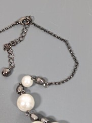 Gray Metallic White Faux Pearl Charm Chain Tassel Beaded Necklace 21 in