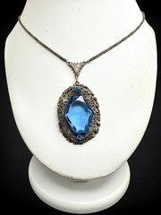 Vintage Antique Art Deco Blue Glass Pendant Necklace Filigree Silver Tone Czech