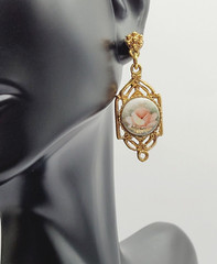Art Deco Hand Painted Signed Rose Gold Tone Victorian Frame MCM Pierced Earrings