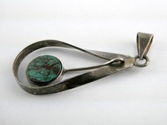Vintage Sterling Silver Chrysocolla Flat Top Cabochon Drop Pendant 925 3.1g