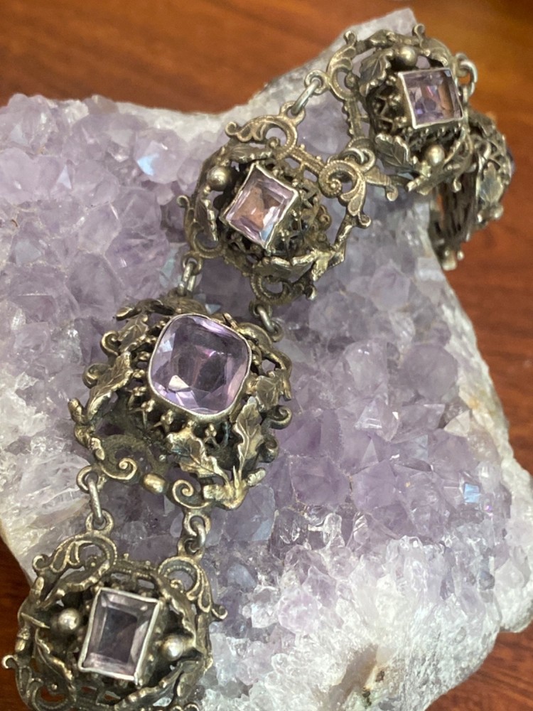 Antique Austro-Hungarian 800 Silver Filigree Amethyst Panel Bracelet – 38.56g 8”